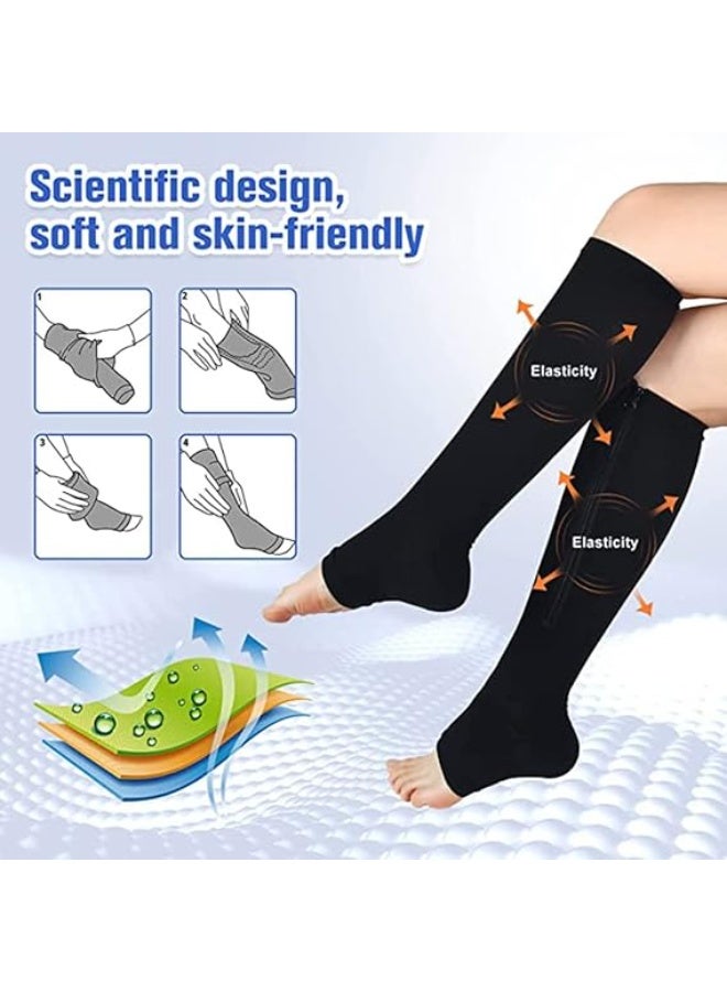 VIUAUAX 2 Pair Zipper Compression Socks for Men and Women, Open Toe Compression Stockings for Wide Calf Leg Support, Sport Socks for Walking Running XL - Image 4
