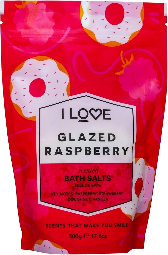 I Love Glazed Raspberry Scented Bath Salts with 99 Naturally Derived Ingredients Including ACB BioWater Bamboo Lightly Fragranced Leaving Skin Feeling Silky Smooth VeganFriendly 500g