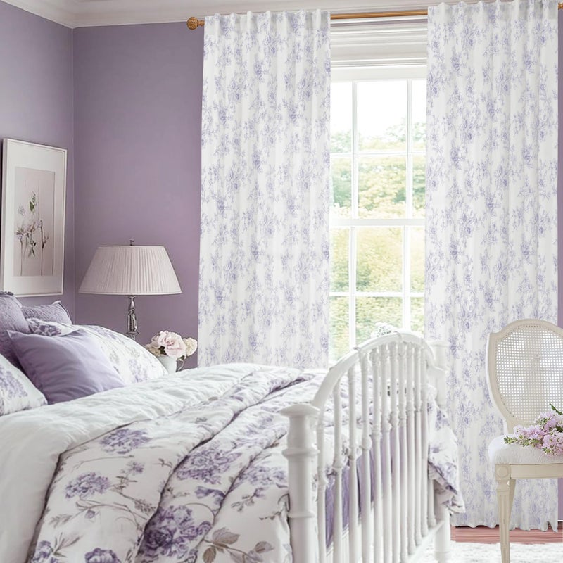Lino Rosa Lavender Purple Floral Curtains for Bedroom,Vintage French Country Toile Cottage Core Sheer Linen Feminine Fairy Curtains for Nursery Girl Living Room,Light Lilac and White - Image 2