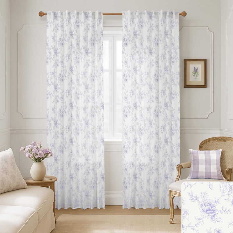 Lino Rosa Lavender Purple Floral Curtains for Bedroom,Vintage French Country Toile Cottage Core Sheer Linen Feminine Fairy Curtains for Nursery Girl Living Room,Light Lilac and White - Image 1