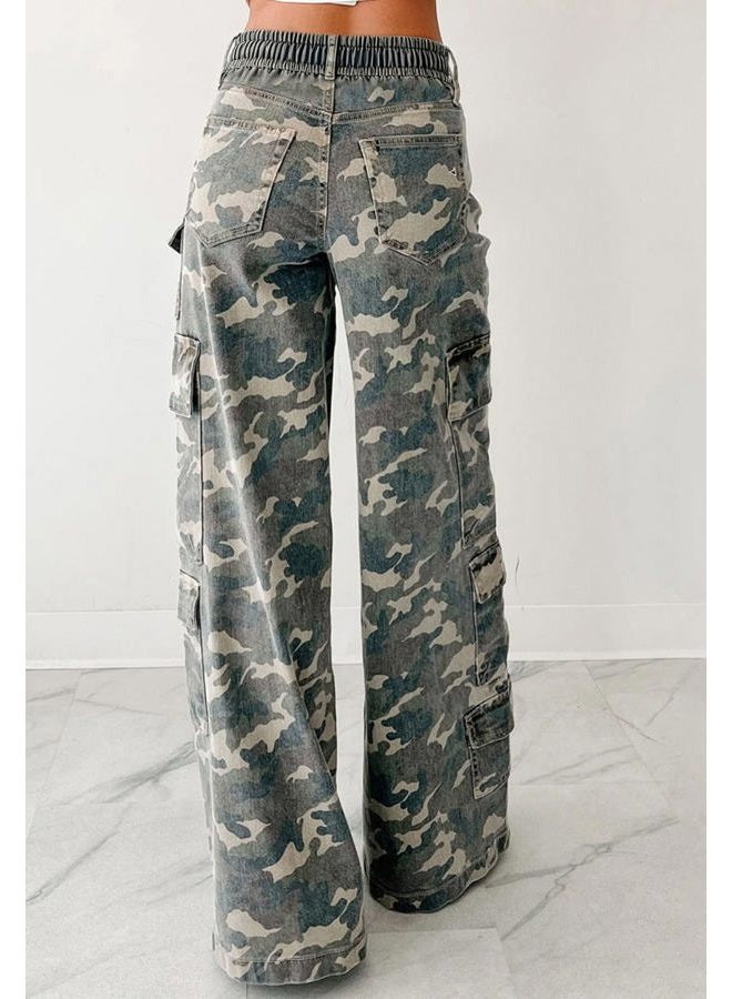 loveimgs Women Casual Camo Print Denim Pants Y2k Wide Leg Cargo Jeans Flare Distressed Camouflage Jeans Sweatpants Pockets, Camo, XXL - Image 5