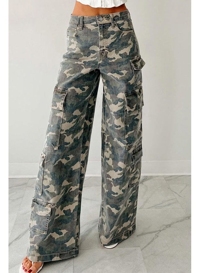 loveimgs Women Casual Camo Print Denim Pants Y2k Wide Leg Cargo Jeans Flare Distressed Camouflage Jeans Sweatpants Pockets, Camo, XXL - Image 3