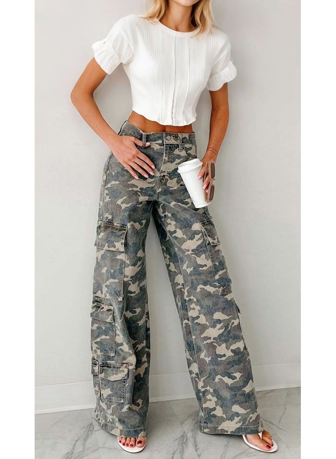 loveimgs Women Casual Camo Print Denim Pants Y2k Wide Leg Cargo Jeans Flare Distressed Camouflage Jeans Sweatpants Pockets, Camo, XXL - Image 2