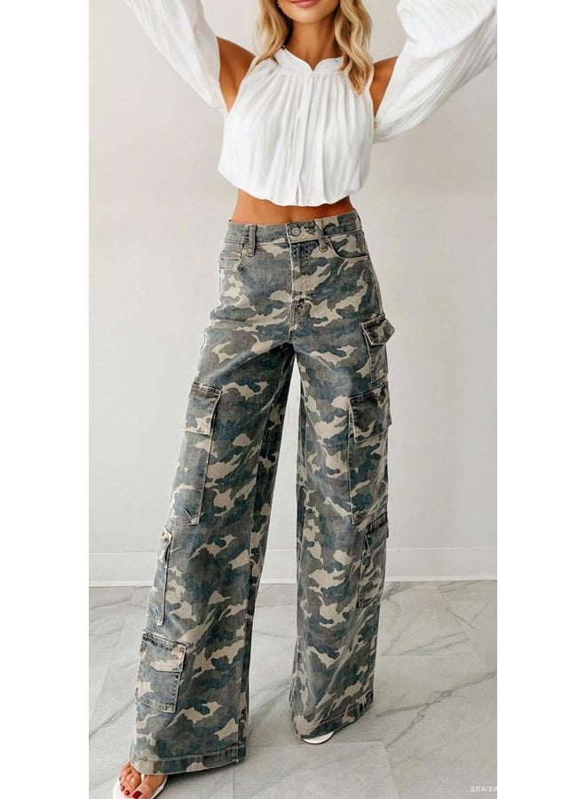 loveimgs Women Casual Camo Print Denim Pants Y2k Wide Leg Cargo Jeans Flare Distressed Camouflage Jeans Sweatpants Pockets, Camo, XXL - Image 4