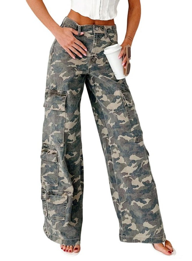 loveimgs Women Casual Camo Print Denim Pants Y2k Wide Leg Cargo Jeans Flare Distressed Camouflage Jeans Sweatpants Pockets, Camo, XXL - Image 1