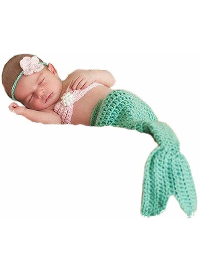 PINBO Newborn Baby Photography Prop Crochet Mermaid Headband Bra Tail  - Image 1