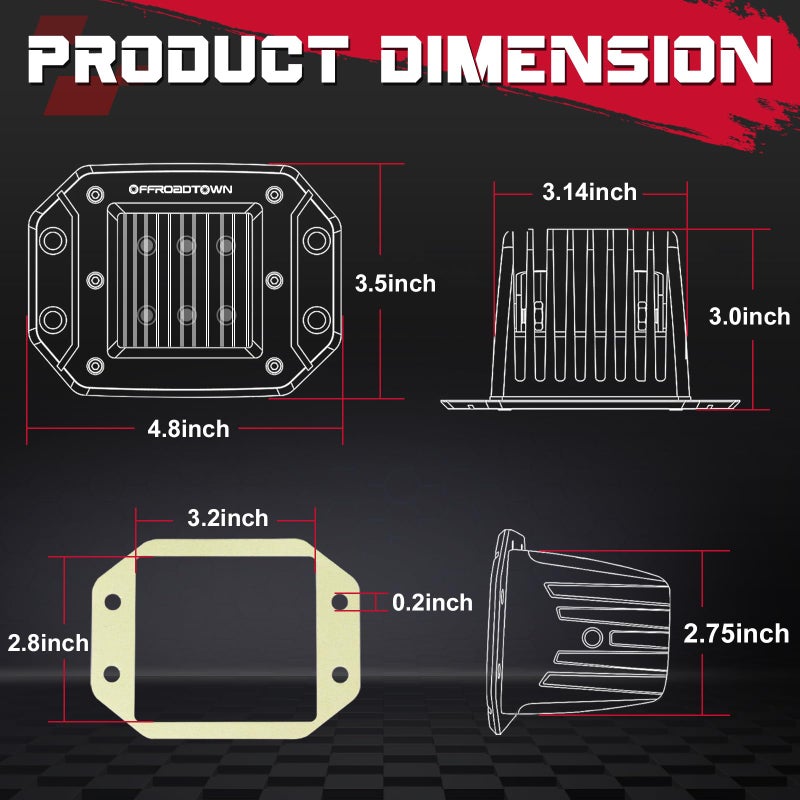 OFFROADTOWN Flush Mount LED Pods, OFFROADTOWN 5'' 12,000LM CREE LED Driving Lights Reverse Backup Light Flush Light Bar Off Road Lights Work Light for Truck Pickup UTV ATV SUV Boat 4x4 Car - Driving Flood - Image 2