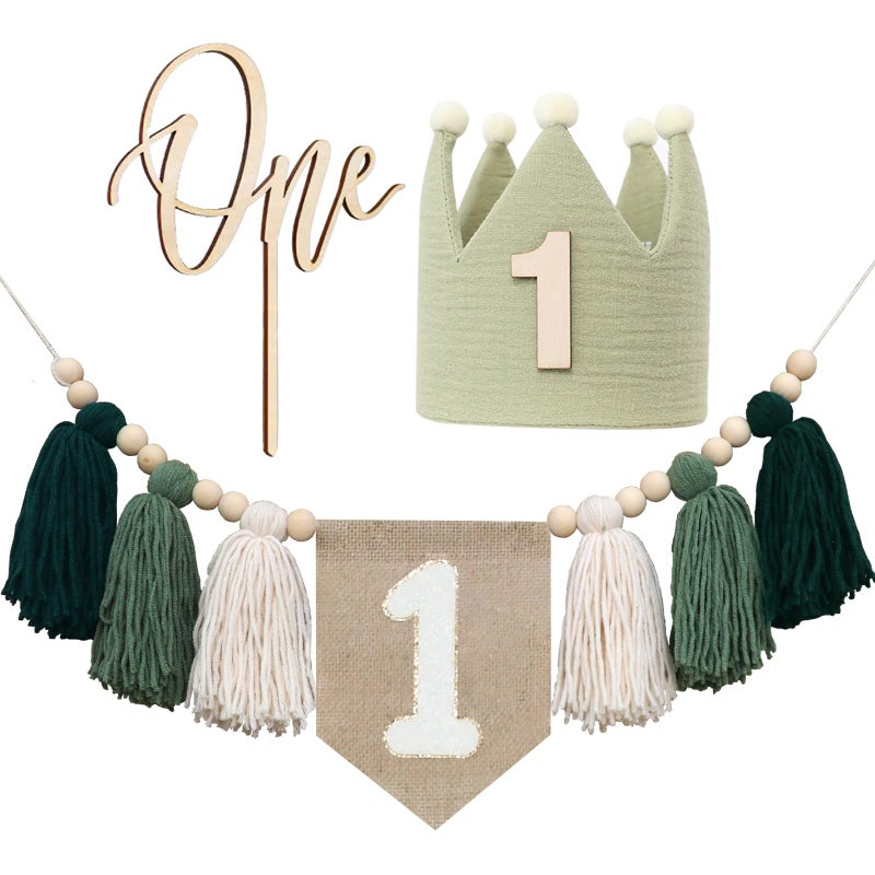 HODIHIWI 1st Green High chair Banner Wood Bead Tassel Garland Crown Hat Wooden Cake Topper Birthday Party Decorations - Image 2