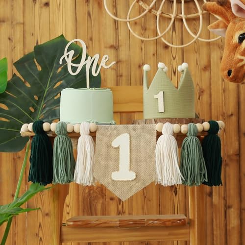 HODIHIWI 1st Green High chair Banner Wood Bead Tassel Garland Crown Hat Wooden Cake Topper Birthday Party Decorations - Image 3