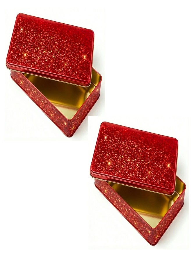 hadaaya Pack of 2 Red Glitter Metal Cookie Tins, Gift Box for Cookies, Candy, Crafts & Storage Ideal for Gifting, Home Decor & Party Favors - Image 1