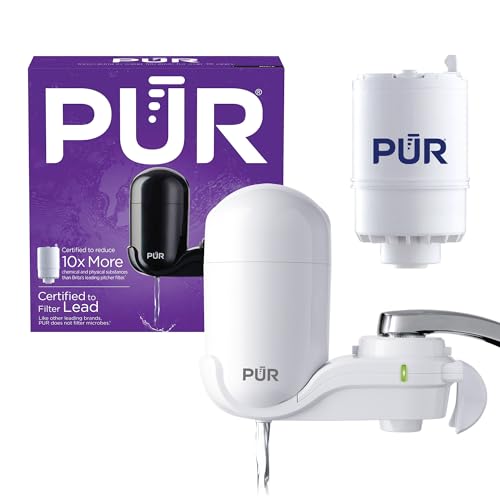 PUR Vertical Faucet Mount Water Filtration System with Lead Reducing Filter for Cleaner, Filtered Tap Water, Lasts 100 Gallons, Sink Water Filter, Fits Most Kitchen or Bathroom Faucets, White - Image 1