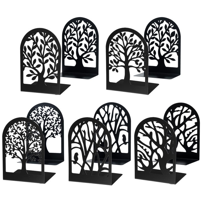 EOOUT Bookends for Shelves Decorative 5 Pairs of Tree Bookends Supports Black Metal Book Stoppers for Heavy Books Heavy Duty Book Ends for Home Office School