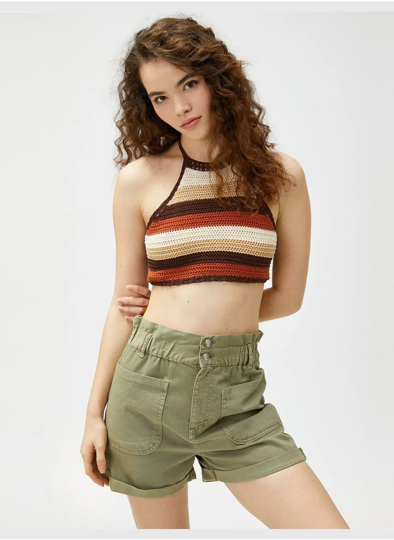 KOTON High Waist Button Detail Cotton Jean Shorts