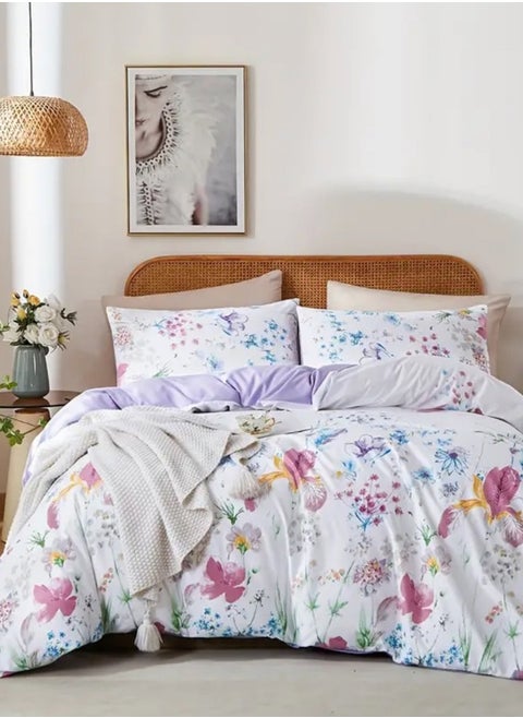 King size bedding set featuring a beautiful floral design in purple and pink, consisting of six pieces.