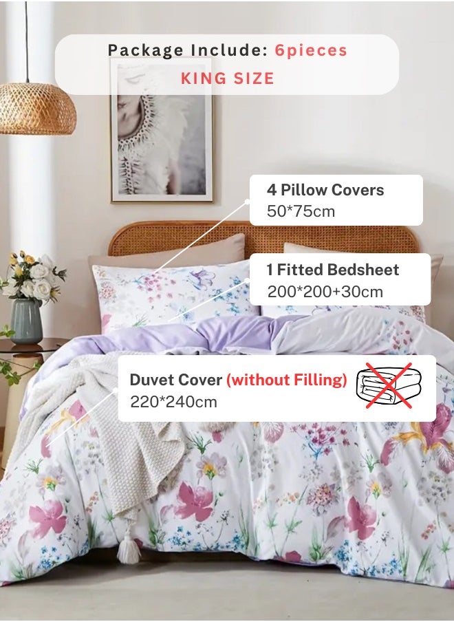 LUNA Home - King size bedding set featuring a beautiful floral design in purple and pink, consisting of six pieces. - Image 1
