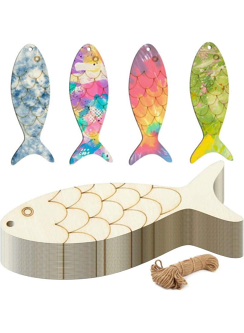 30Pcs Wooden Fish Cutouts DIY Craft, Unfinished Blank Wooden Signs, Fish Shaped Wood Cut Out Wood Craft Supplies, Fish Shaped Wooden Cutouts for Crafts with Hemp Rope, Animals Hanging Ornaments - Image 1