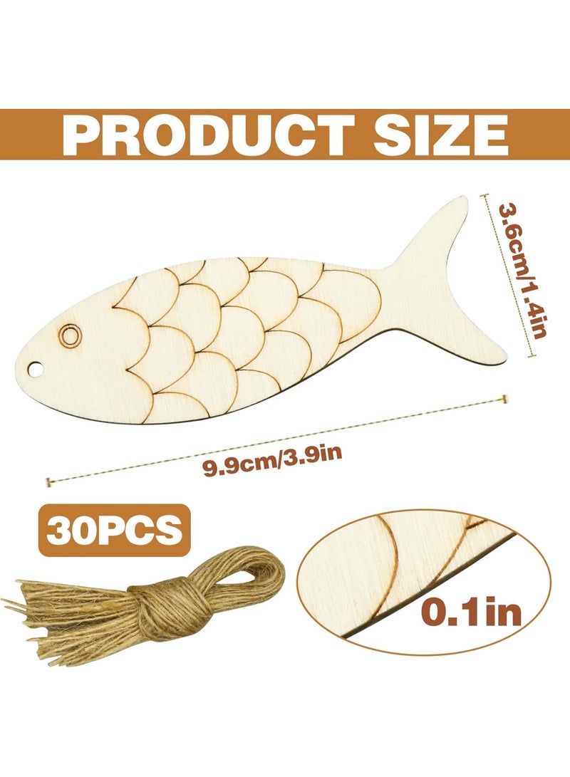 30Pcs Wooden Fish Cutouts DIY Craft, Unfinished Blank Wooden Signs, Fish Shaped Wood Cut Out Wood Craft Supplies, Fish Shaped Wooden Cutouts for Crafts with Hemp Rope, Animals Hanging Ornaments - Image 2