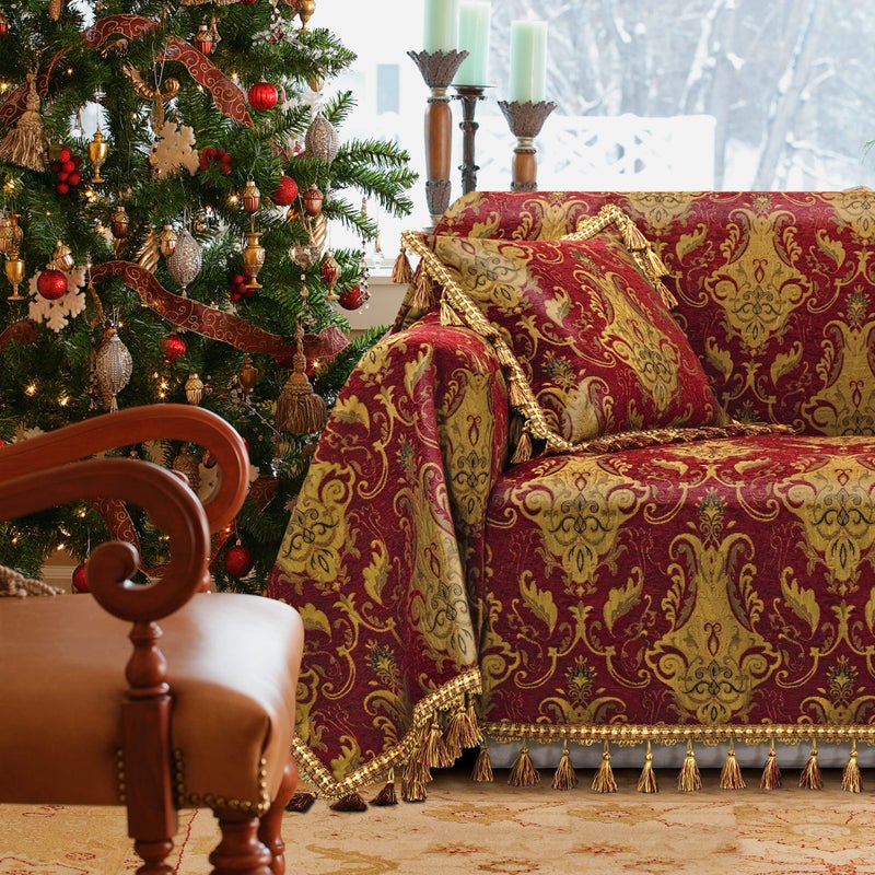 Loom and Mill Luxury Sofa Covers Classic Damask Jacquard Thick Chenille Couch Cover Furniture Protector with Lace Edge and Handmade Tassels for Pet Dogs and Cats Red 71x118 inch