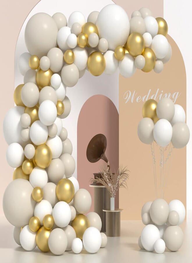 Janinus White Gold And Sand Balloon Garland Kit 130pcs Neutral Balloon Garland White And Gold Balloon Arch With Nude Balloons Boho Balloon Garland For Baby Bride Shower Birthday Party Decorations