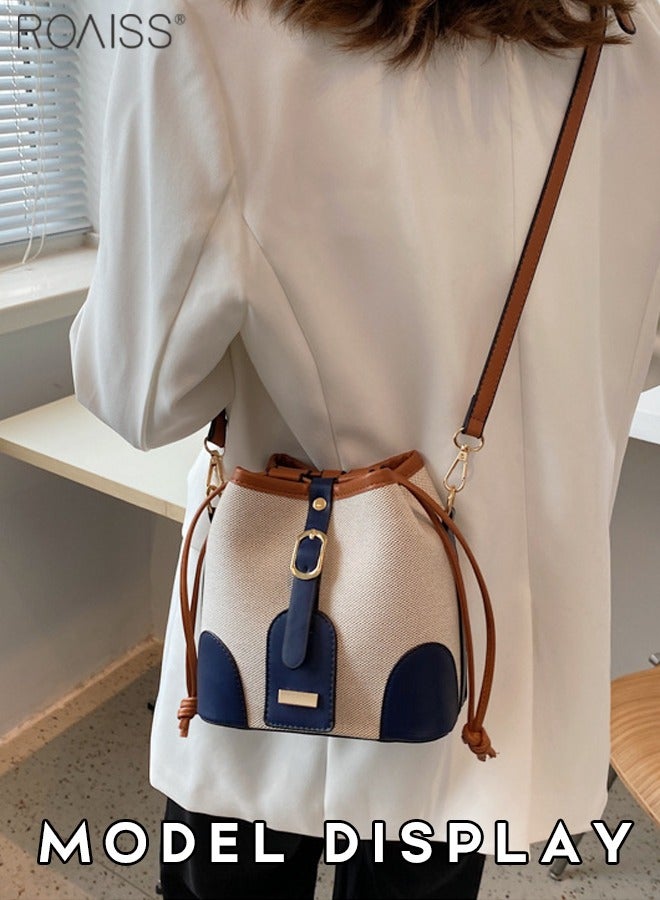 roaiss Women's Canvas Pu Leather Patchwork Bucket Crossbody Bag Large Capacity Drawstring Design With Adjustable Shoulder Strap Shoulder Bag  - Image 3