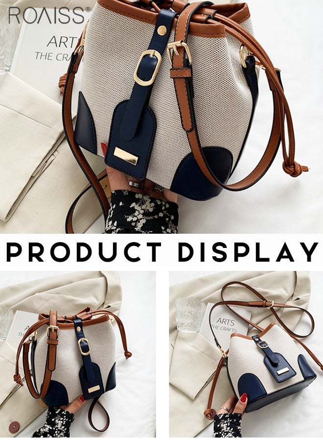 roaiss Women's Canvas Pu Leather Patchwork Bucket Crossbody Bag Large Capacity Drawstring Design With Adjustable Shoulder Strap Shoulder Bag  - Image 4