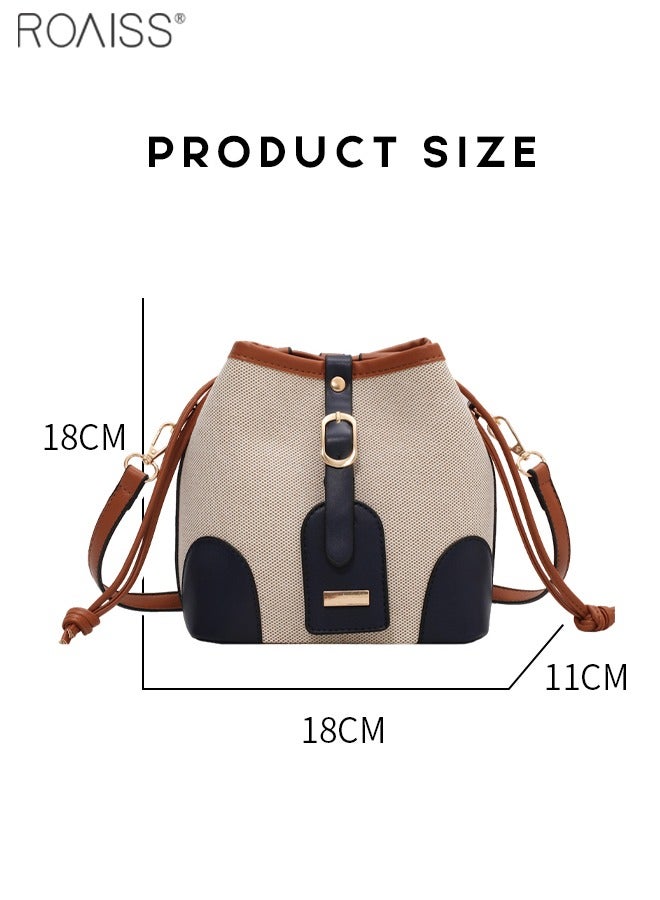 Women's Canvas Pu Leather Patchwork Bucket Crossbody Bag Large Capacity Drawstring Design With Adjustable Shoulder Strap Shoulder Bag