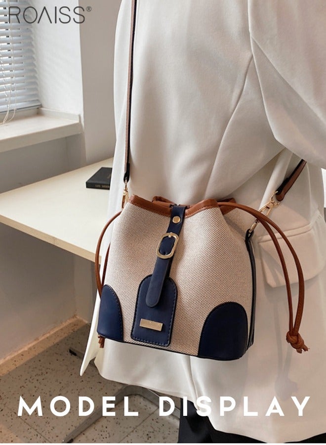 roaiss Women's Canvas Pu Leather Patchwork Bucket Crossbody Bag Large Capacity Drawstring Design With Adjustable Shoulder Strap Shoulder Bag  - Image 1