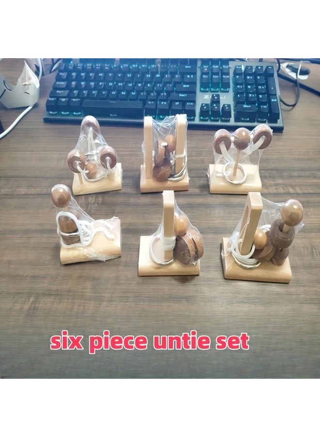 6 Piece Wooden IQ Puzzle Set Brain Teaser Unlocking Challenge Gift For Adults - Image 1