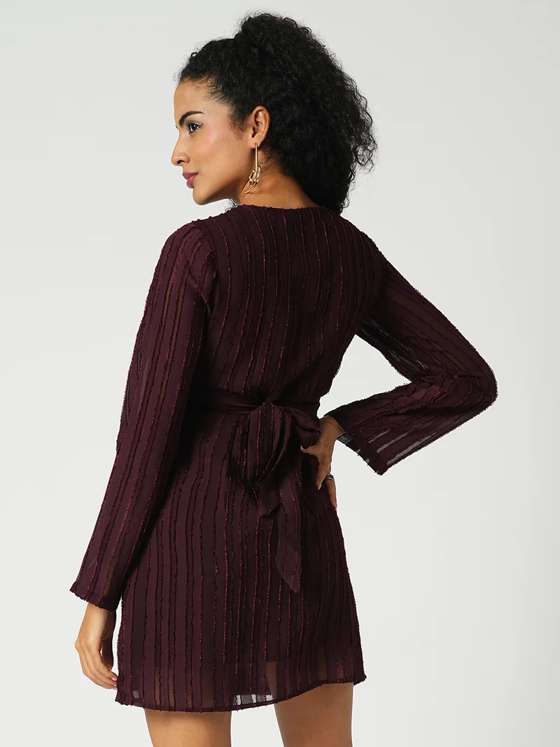globus Women Self Textured Wrap V-Neck Sheath Mini Party Dress