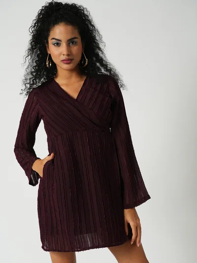 globus Women Self Textured Wrap V-Neck Sheath Mini Party Dress