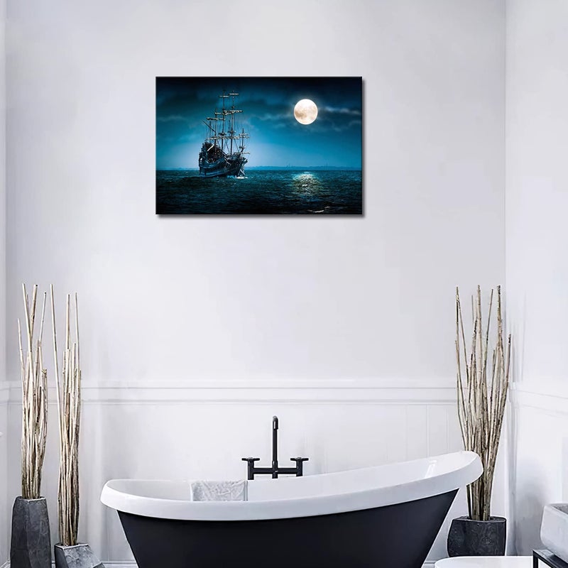 Home Trove Pirate Ship Wall Art Viking Ship Canvas Nautical On The Sea And Moon Seascape Wall Art Painting The Picture Print On Canvas For Living Room Kitchen Home Decor - Image 4