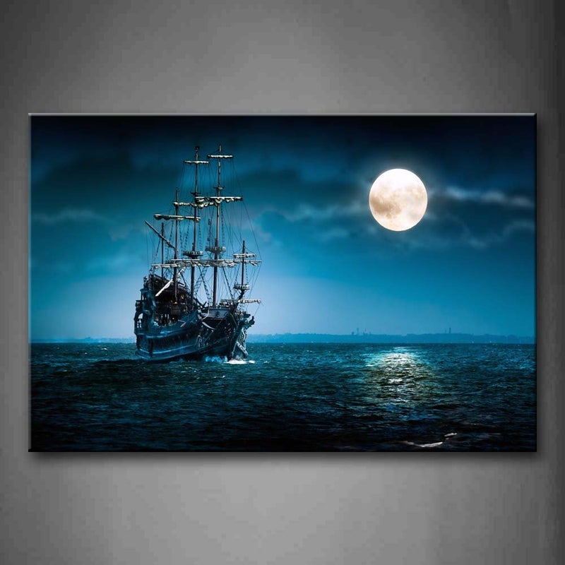 Home Trove Pirate Ship Wall Art Viking Ship Canvas Nautical On The Sea And Moon Seascape Wall Art Painting The Picture Print On Canvas For Living Room Kitchen Home Decor - Image 1