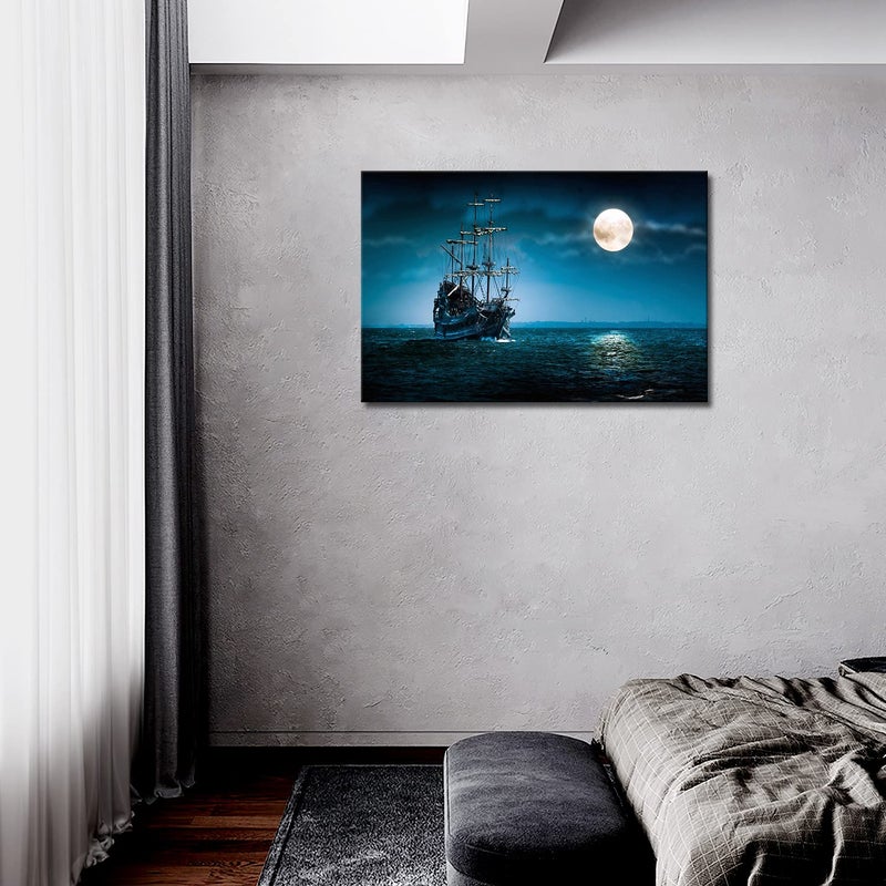 Home Trove Pirate Ship Wall Art Viking Ship Canvas Nautical On The Sea And Moon Seascape Wall Art Painting The Picture Print On Canvas For Living Room Kitchen Home Decor - Image 2