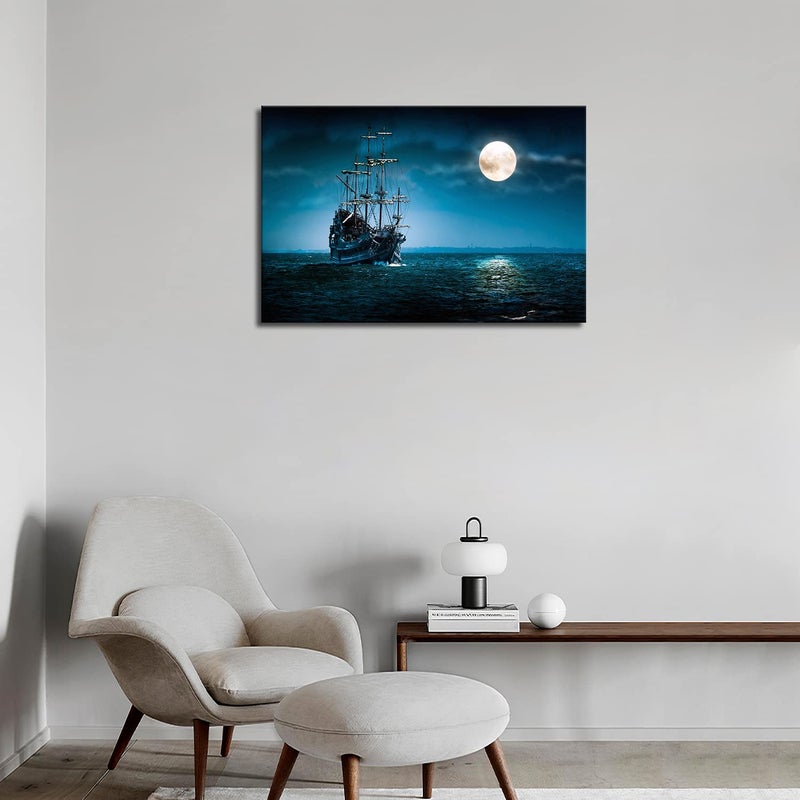 Home Trove Pirate Ship Wall Art Viking Ship Canvas Nautical On The Sea And Moon Seascape Wall Art Painting The Picture Print On Canvas For Living Room Kitchen Home Decor - Image 5