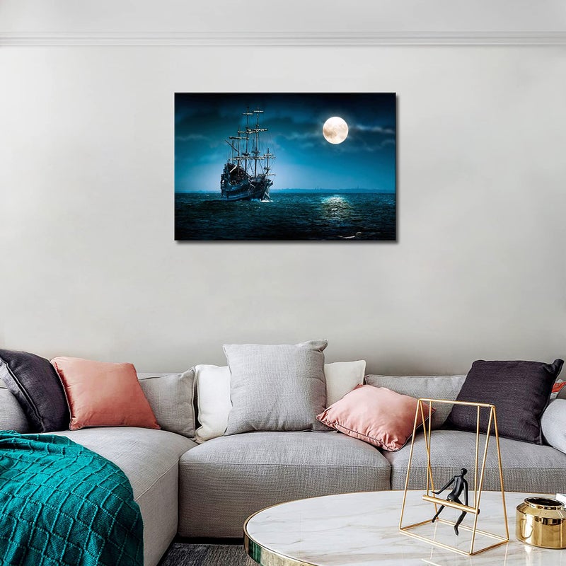 Home Trove Pirate Ship Wall Art Viking Ship Canvas Nautical On The Sea And Moon Seascape Wall Art Painting The Picture Print On Canvas For Living Room Kitchen Home Decor - Image 3