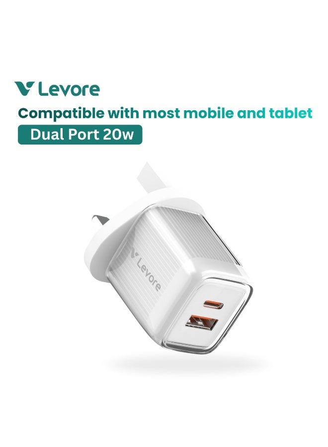 ليفور شاحن حائط سريع بقوة 20 واط من ليفور – منفذ مزدوج (USB‑C + USB‑A) – LGW126‑WH - Image 1