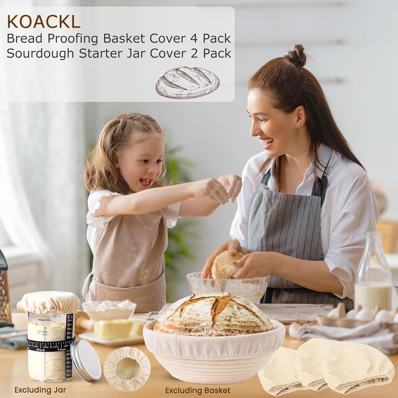 Koackl Bread Proofing Cover - 4 Pack Basket Linen Cloths & 2 Jar Covers, Reusable Cotton Bread Proofing Liners for Sourdough Baking, 10" Compatible with Round/Oval Banneton Baskets - Image 2