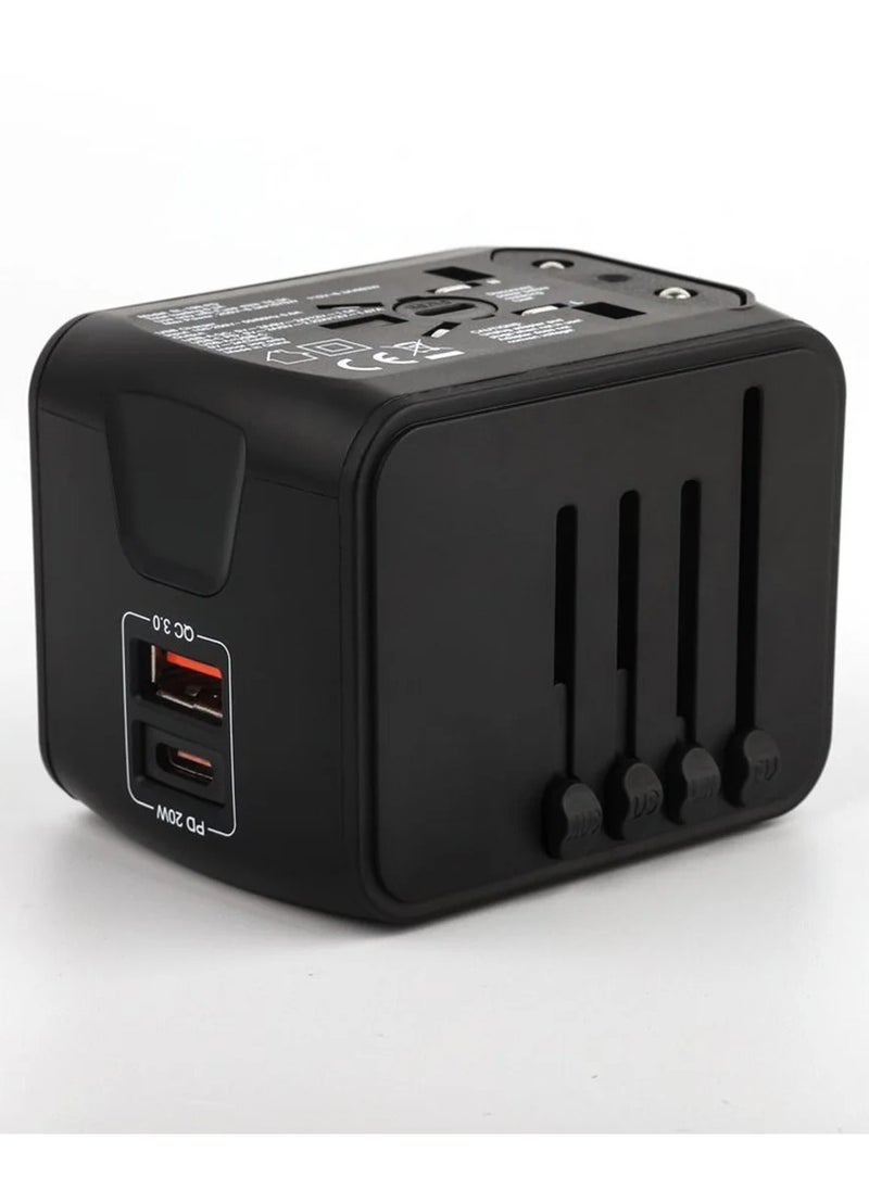 Pawa Universal Travel Adapter with PD 20W and Quick Charge / Integrated Fuse / Fireproof Material / 150+ Countries Plug Capability / Baby-Proof Outlets / Safe & Reliable Adapter - Black  - Image 2