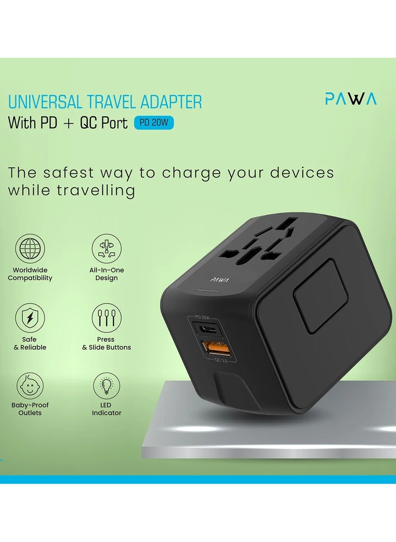 Pawa Universal Travel Adapter with PD 20W and Quick Charge / Integrated Fuse / Fireproof Material / 150+ Countries Plug Capability / Baby-Proof Outlets / Safe & Reliable Adapter - Black  - Image 3