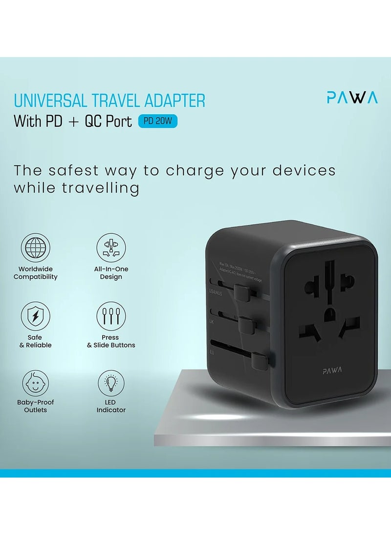 Pawa Universal Travel Adapter with PD 20W and Quick Charge / Integrated Fuse / Fireproof Material / 150+ Countries Plug Capability / Baby-Proof Outlets / Safe & Reliable Adapter - Black  - Image 4