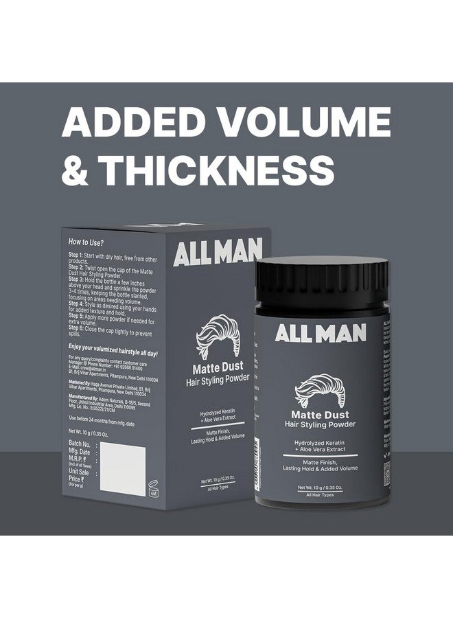Allman ALL MAN Matte Dust Hair Styling Powder Adds Volume, Instant Hair Styling, All Day Hold With Hydrolyzed Keratin & Aloe Vera | 10g - Image 2