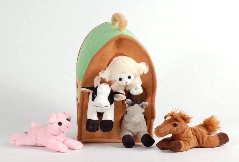 Unipak Plush Farm House with Animals- Five (5) Stuffed Farm Animals (Horse, Lamb, Cow, Pig, Grey Horse) in Play Farm House - Image 2