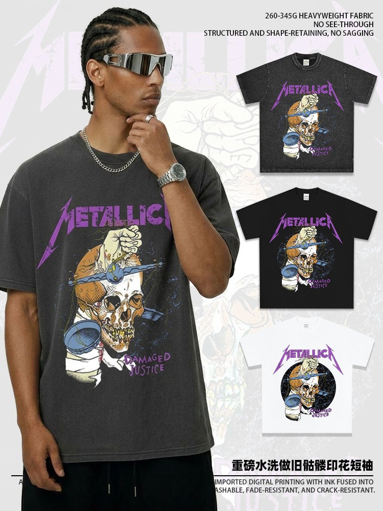 خمر الهيب هوب الأصلي METALLICA الجمجمة طباعة الشارع العالي قصيرة الأكمام تي شيرت غسل القطن الثقيل عصرية صغيرة ناير-رقبة - Image 2