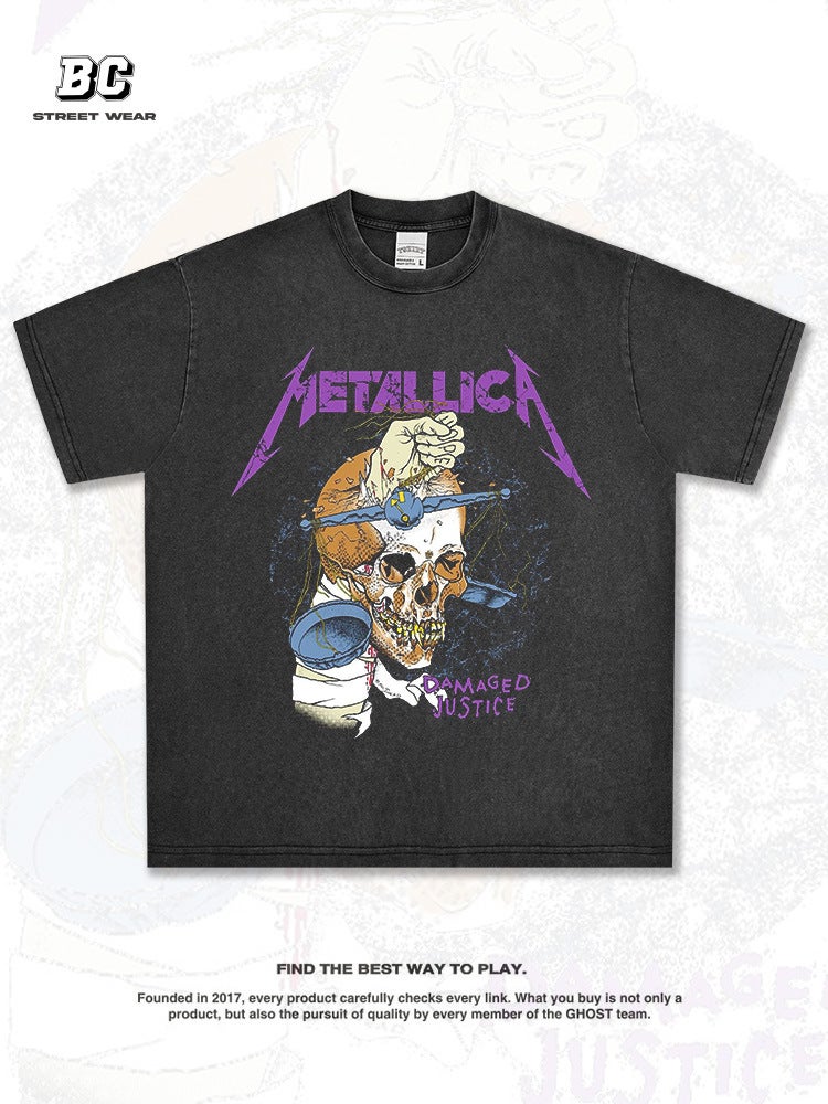 خمر الهيب هوب الأصلي METALLICA الجمجمة طباعة الشارع العالي قصيرة الأكمام تي شيرت غسل القطن الثقيل عصرية صغيرة ناير-رقبة - Image 4