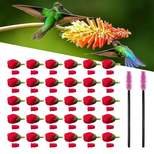 Flylin 30Pcs Hummingbird Feeders Replacement Flowers Unique Pet Bird Feeder Replaceable Flowers Parts with 2 Cleaning Brush Hummingbird Feeding Ports Bee Guards for Outdoor Hanging Feeders Red - Image 1