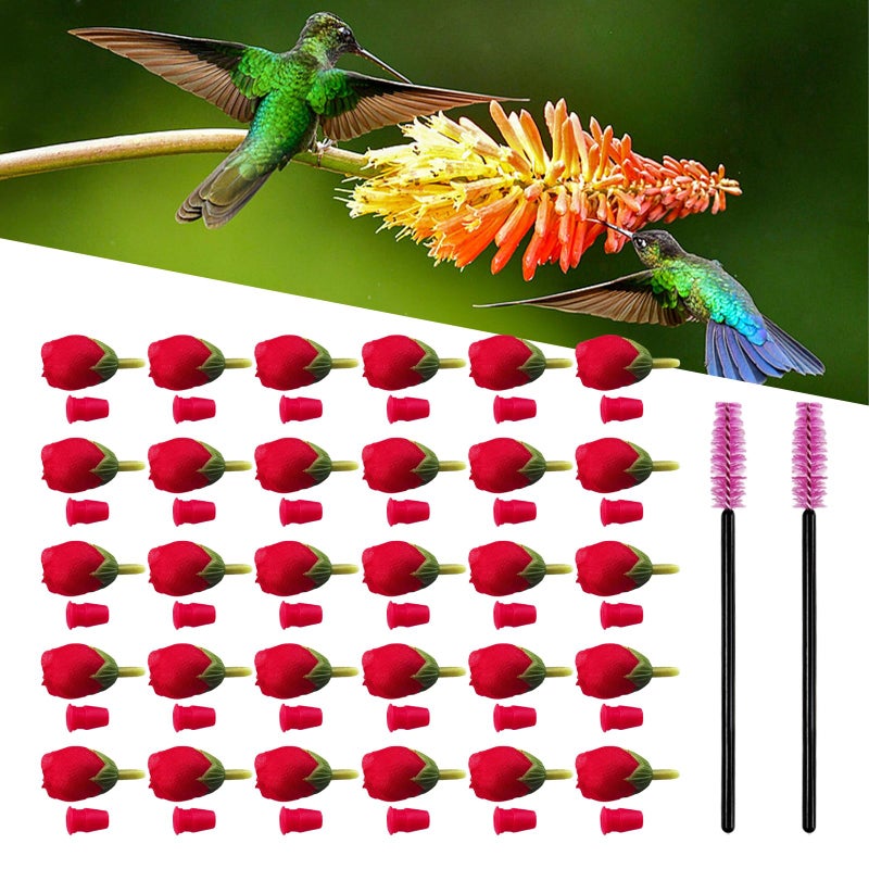 Flylin 30Pcs Hummingbird Feeders Replacement Flowers Unique Pet Bird Feeder Replaceable Flowers Parts with 2 Cleaning Brush Hummingbird Feeding Ports Bee Guards for Outdoor Hanging Feeders Red - Image 2