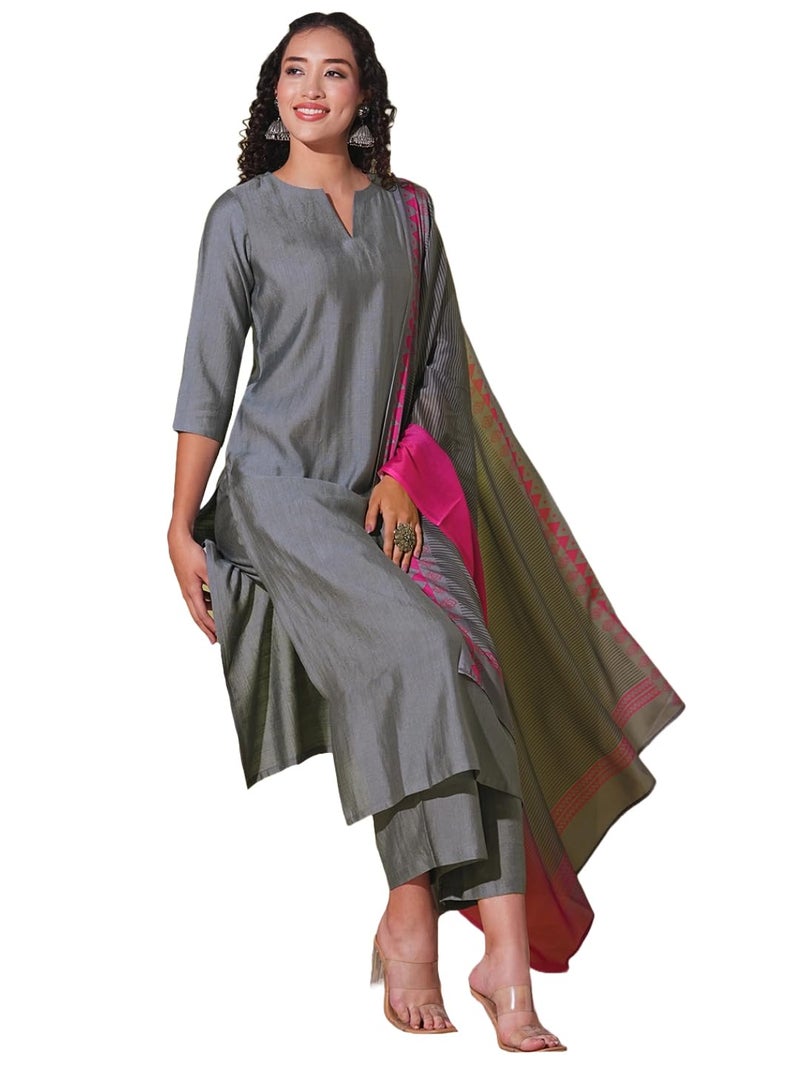 ANNI Designer Women's Rayon Viscose Solid Straight Kurta with Pant & Dupatta (Mogul GREY-VKS01_5XL_Grey_XXXXX-Large) - Image 1