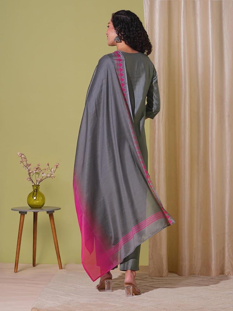 ANNI Designer Women's Rayon Viscose Solid Straight Kurta with Pant & Dupatta (Mogul GREY-VKS01_5XL_Grey_XXXXX-Large) - Image 2