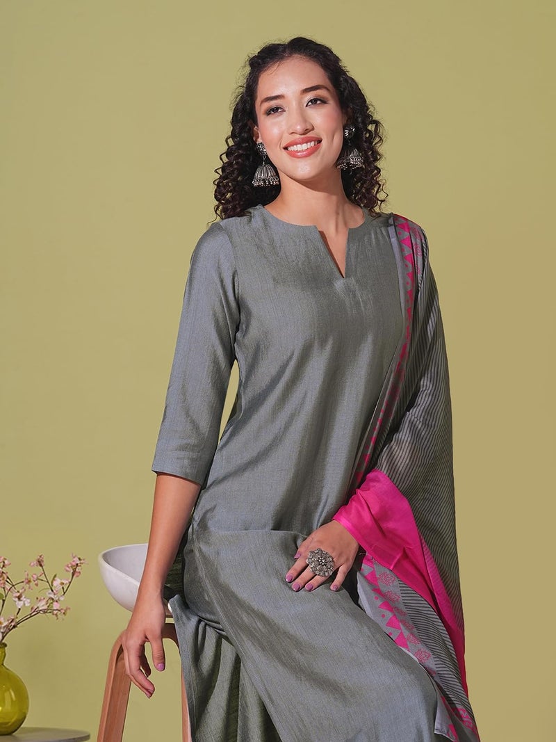 ANNI Designer Women's Rayon Viscose Solid Straight Kurta with Pant & Dupatta (Mogul GREY-VKS01_5XL_Grey_XXXXX-Large) - Image 5
