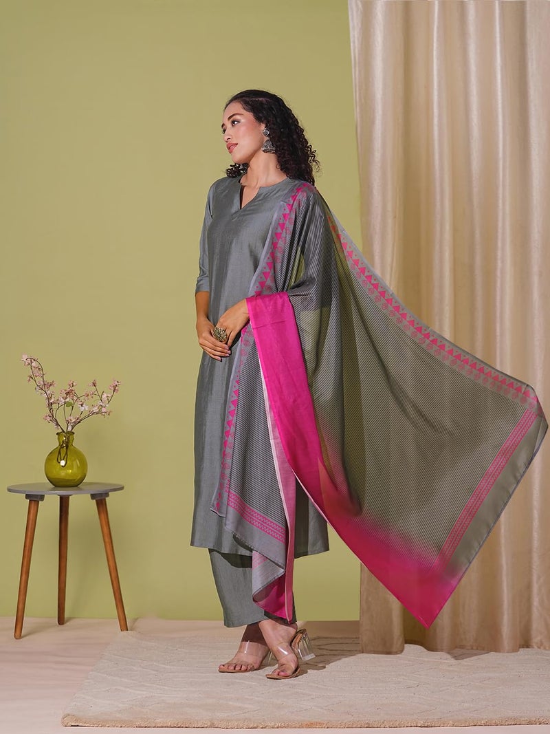 ANNI Designer Women's Rayon Viscose Solid Straight Kurta with Pant & Dupatta (Mogul GREY-VKS01_5XL_Grey_XXXXX-Large) - Image 3